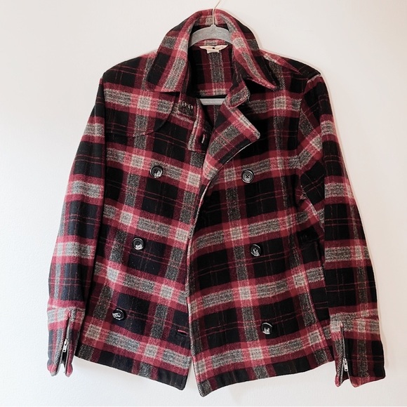 Woolrich Jackets & Blazers - WOOLRICH Vintage Wool Plaid Check Double Breasted Coat Jacket Peacoat Red Black